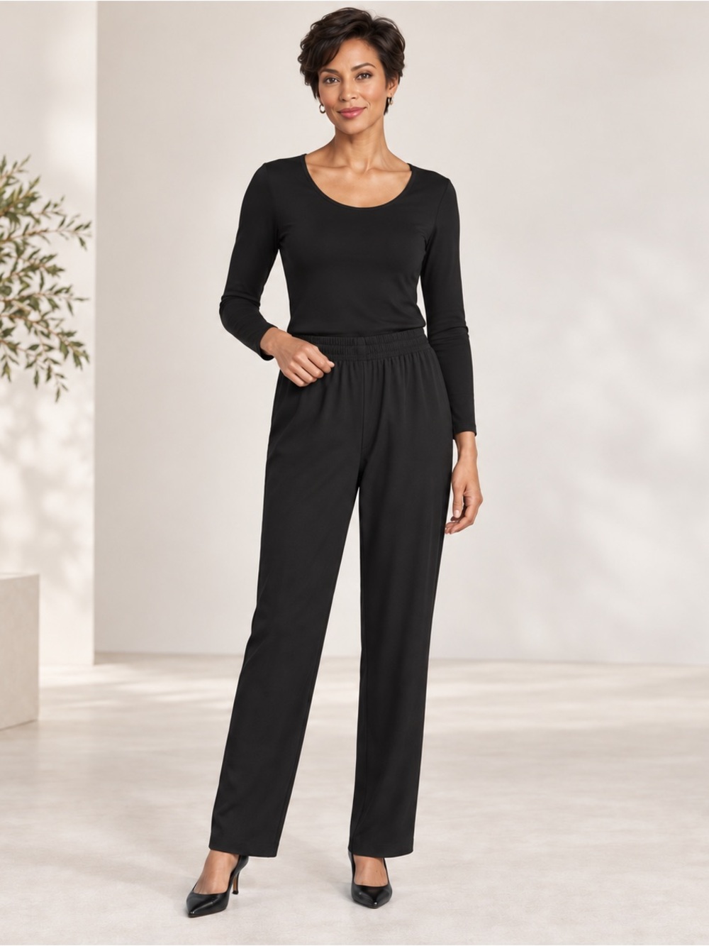 Caroline Rose Black Pull On Straight Leg Pants Small Petite Made USA